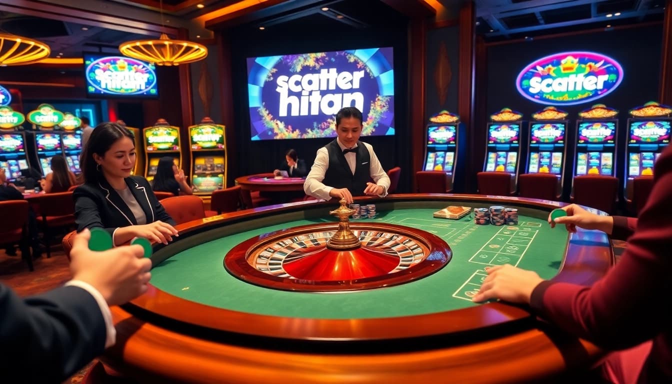 Experience the excitement of scatter hitam at a luxurious casino table filled with vibrant colors and eager players.