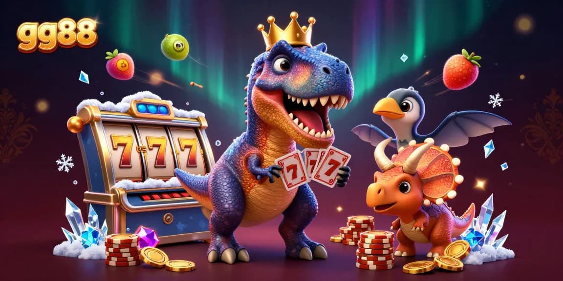 Experience slot thrills with gg88 as a T-Rex shuffles cards, while a triceratops stacks chips in an exciting casino scene.