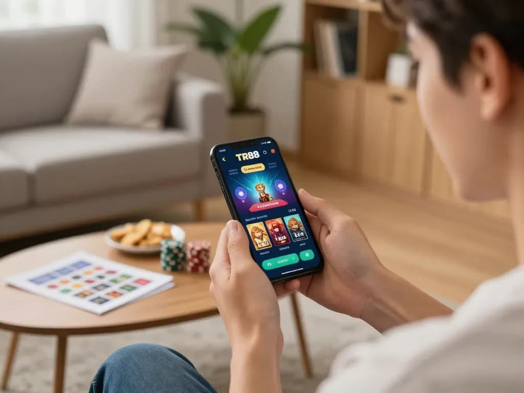 Player enjoying TR88 mobile casino app in a cozy home gaming setup.