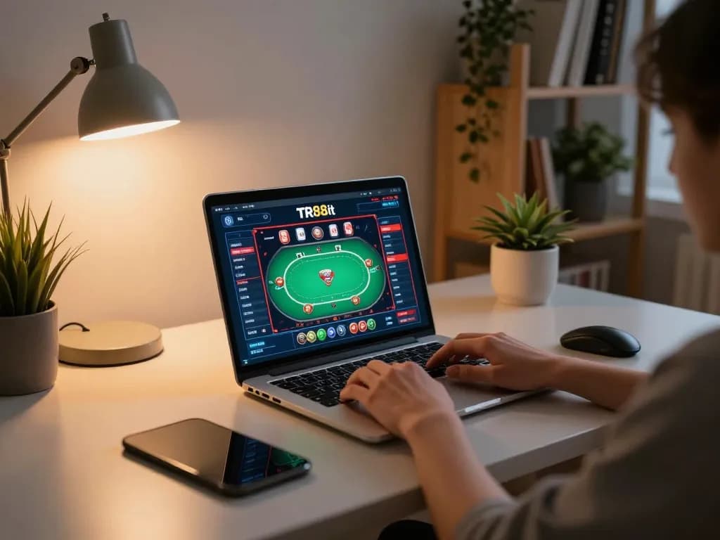 Player engaging in online gaming at TR88it while managing strategy notes in a cozy setup