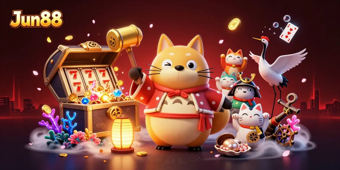 Join the excitement at Jun88 with a vibrant casino scene featuring a tanuki and lucky symbols!