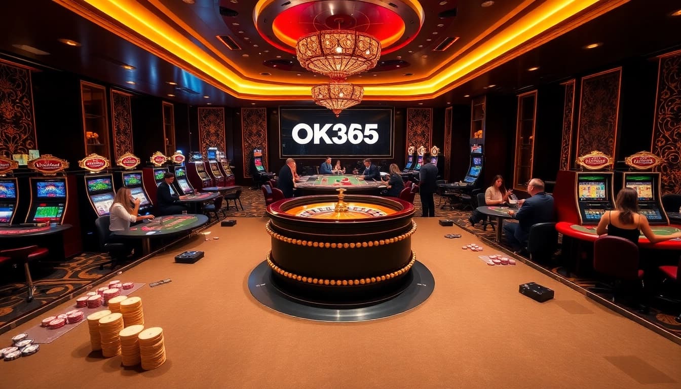 Exciting gaming scene at OK365 casino with poker tables, slot machines, and roulette.