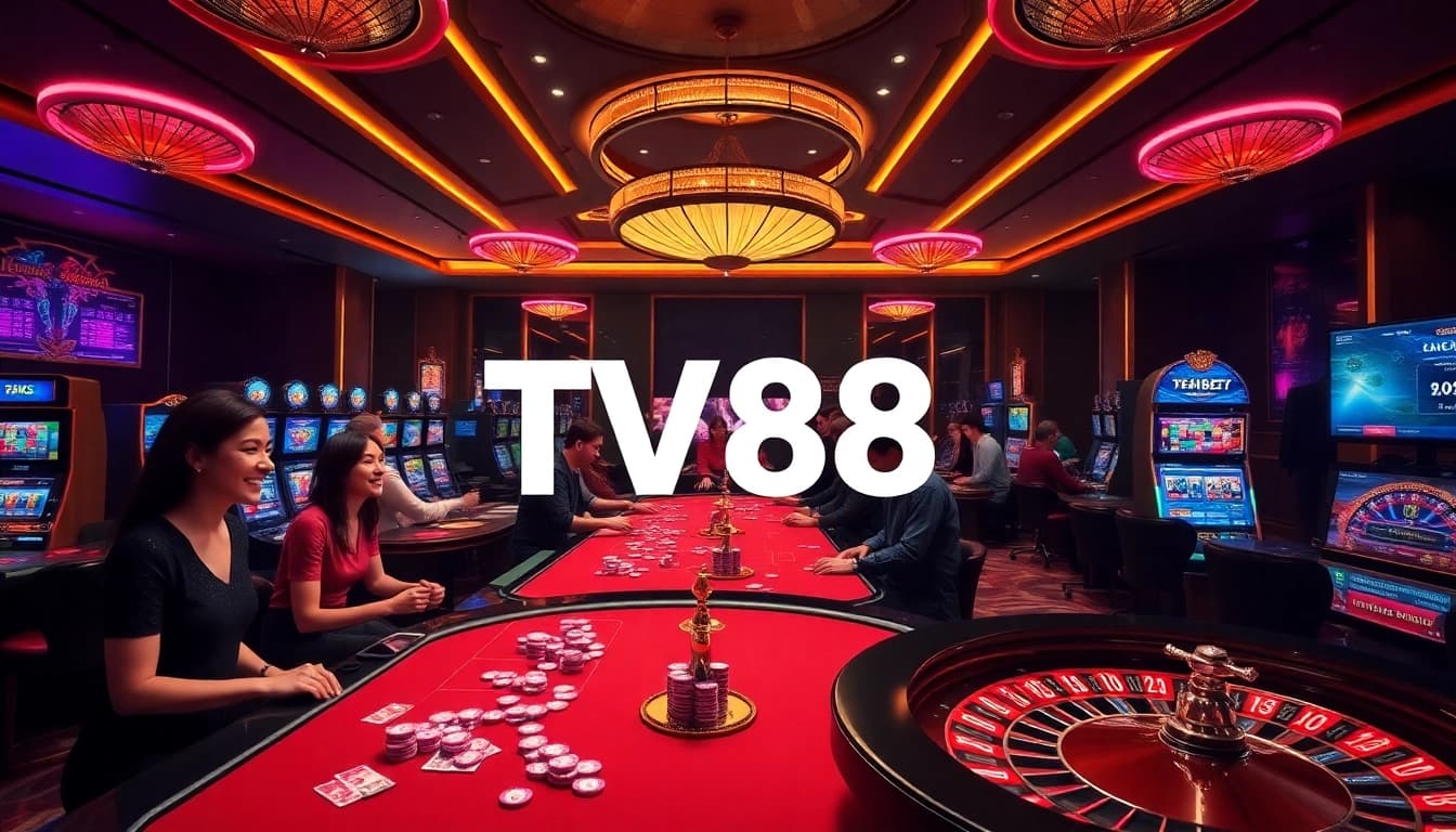 Engaging casino scene featuring TV88 players captivated by vibrant slot machines and poker tables.