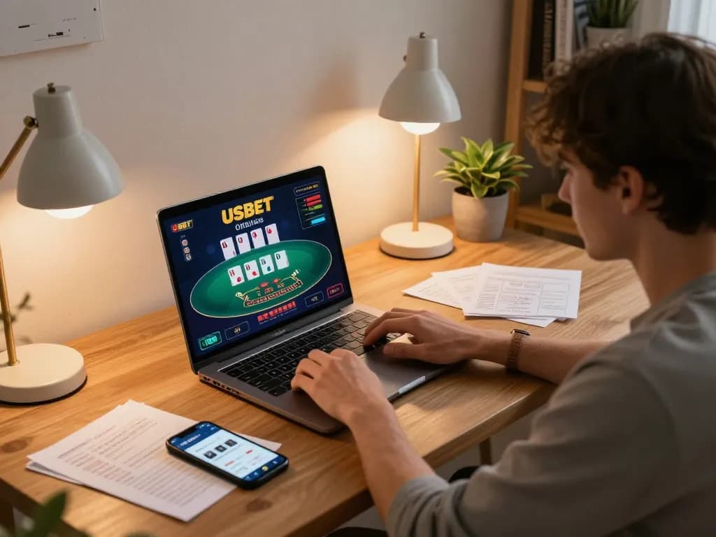 Player engaging with USBET online casino games in a cozy home office setting.