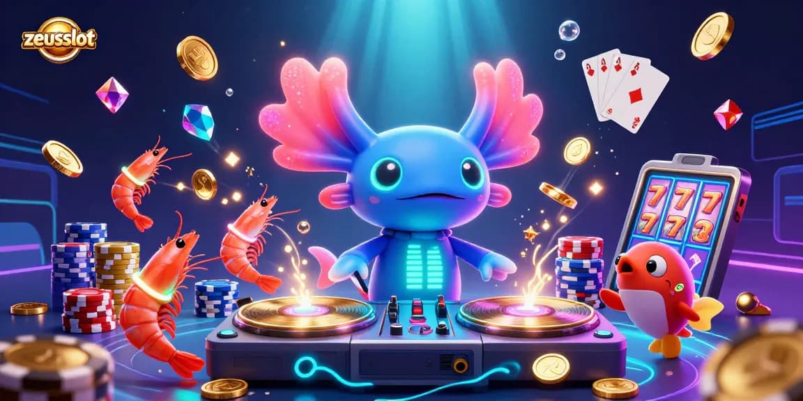 Engage with zeusslot's vibrant 3D casino scene featuring unique underwater DJ elements, coins, and gaming symbols.