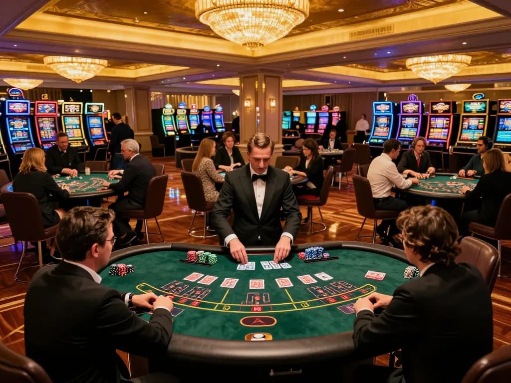 Players enjoying blackjack at a vibrant Go8 casino, engaging in strategic gameplay surrounded by luxury