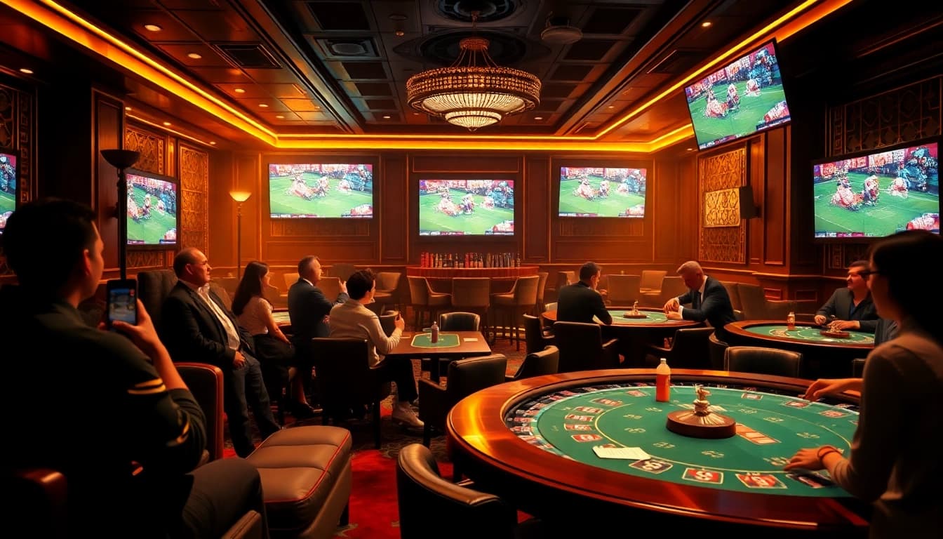 Lương Sơn TV fans enjoying a thrilling football match with poker and betting elements in a luxurious atmosphere.