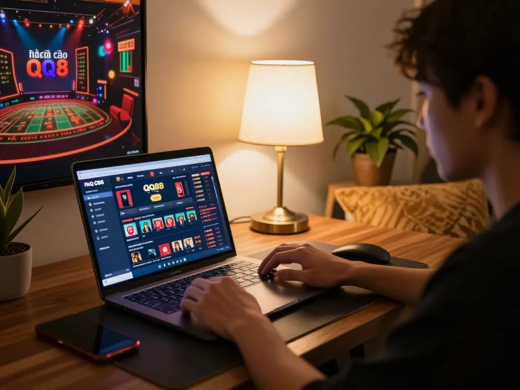 Gaming at nhà cái QQ88 with a laptop displaying exciting casino games, showcasing a cozy atmosphere