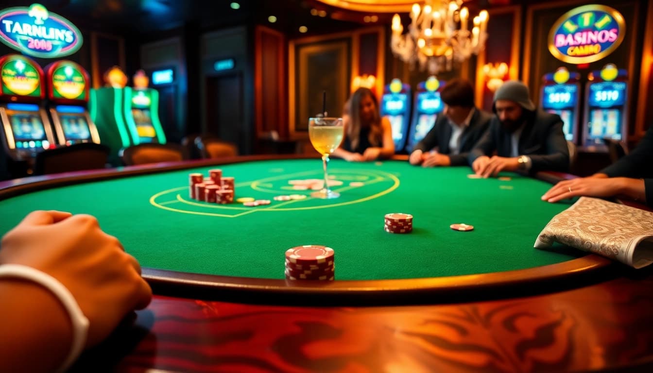 GG88 poker table captures intense gameplay with vibrant chips and casino ambiance.