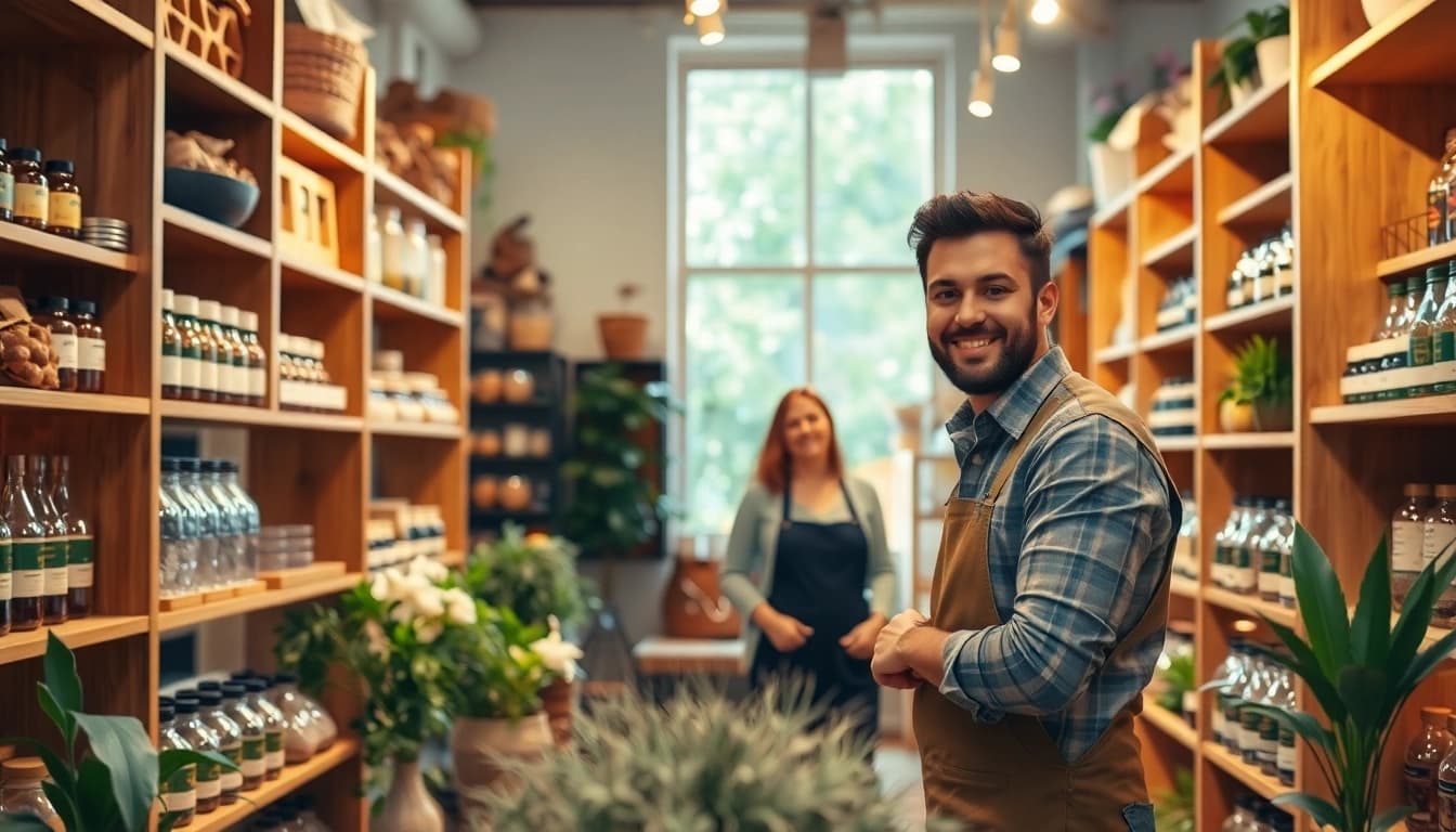 Shop vibrant hemp shop products with knowledgeable staff assisting customers.