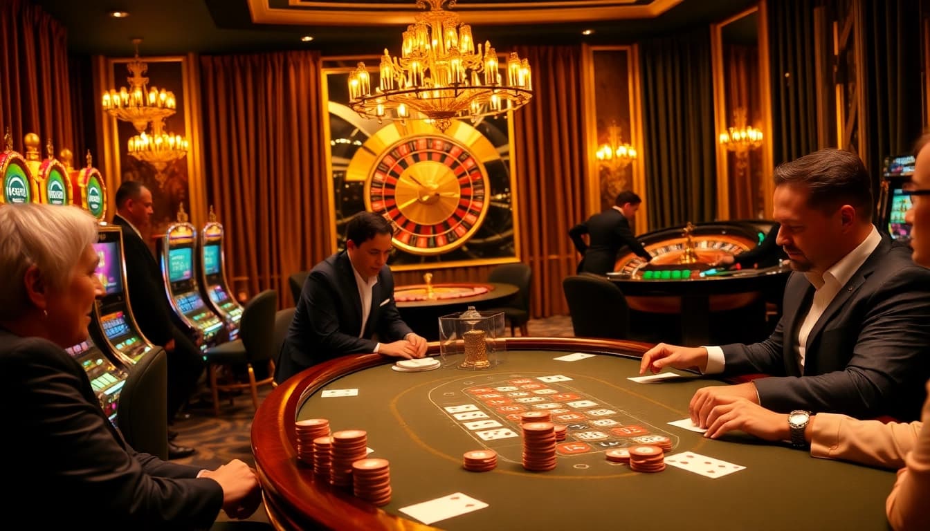 Go8 players strategizing at a luxurious poker table in a vibrant casino environment.