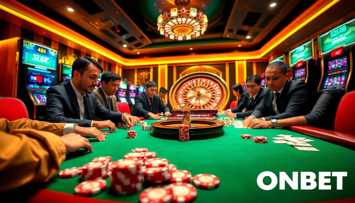Experience the excitement of ONBET with a high-stakes poker scene filled with action and luxury.