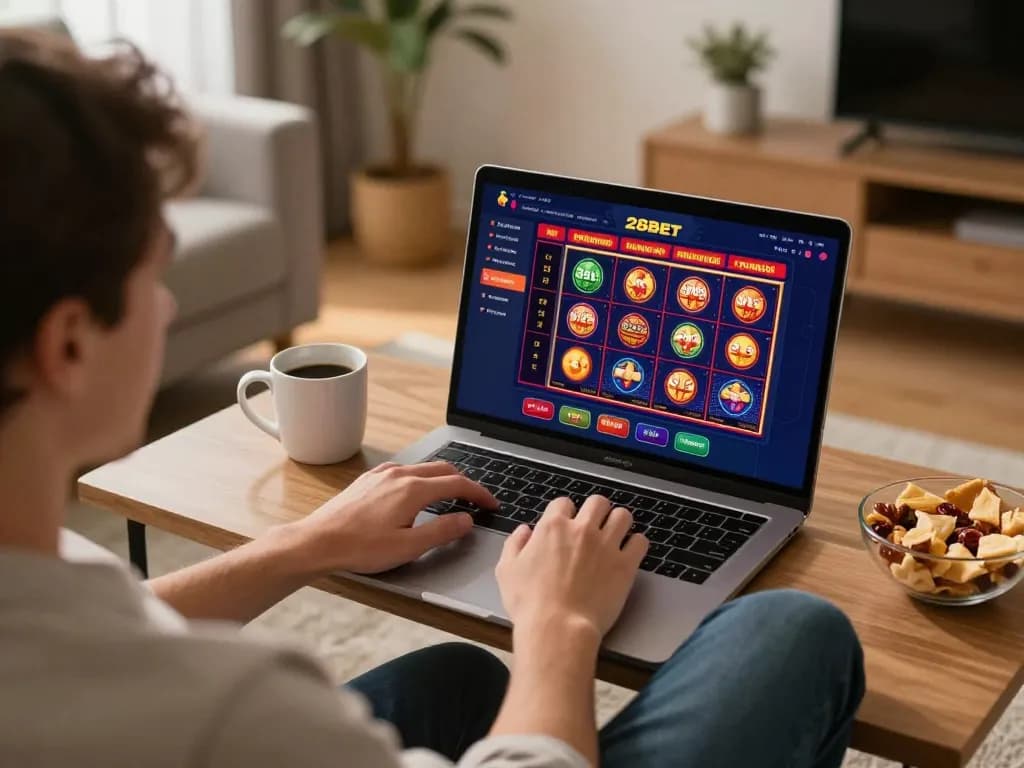 Player engaging with 28bet slots on laptop in cozy home setting, focusing on online gambling experience.