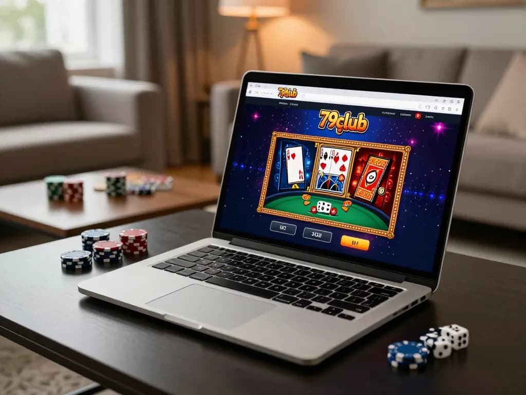 Engaging scene of 79club online gaming setup with vibrant poker graphics on laptop.