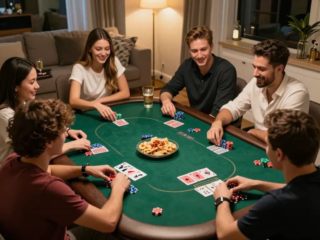 Friends enjoy a thrilling poker night game at home with rr88 chips and cards.