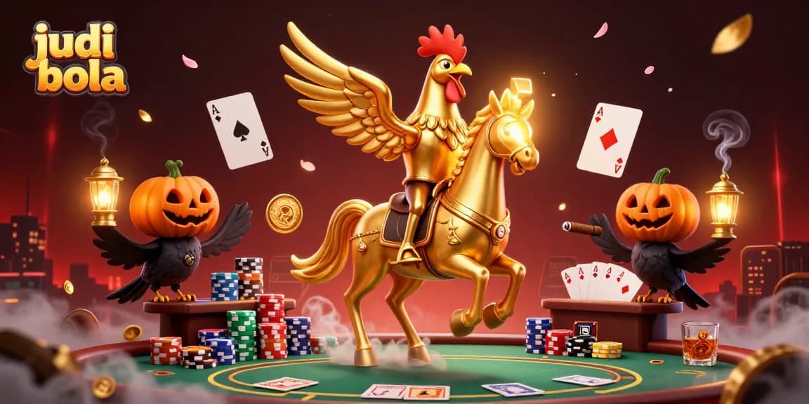 Experience judi bola excitement with a golden rooster character in a lively casino scene.