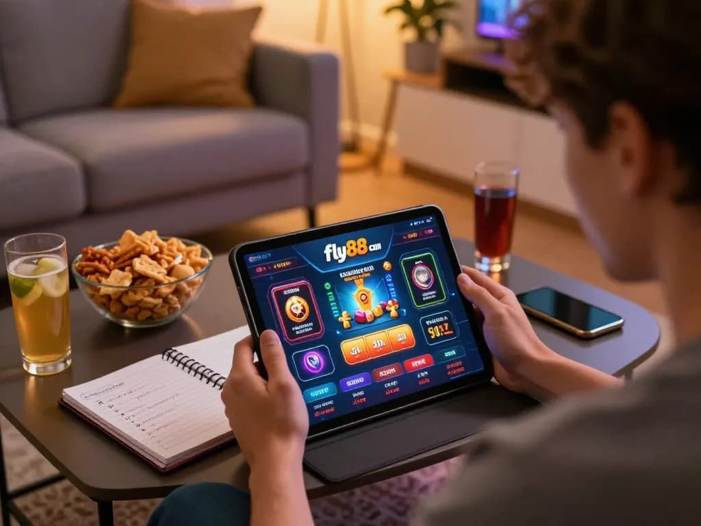 Engaging gameplay on fly88 com app in a cozy home setting with snacks and notes.