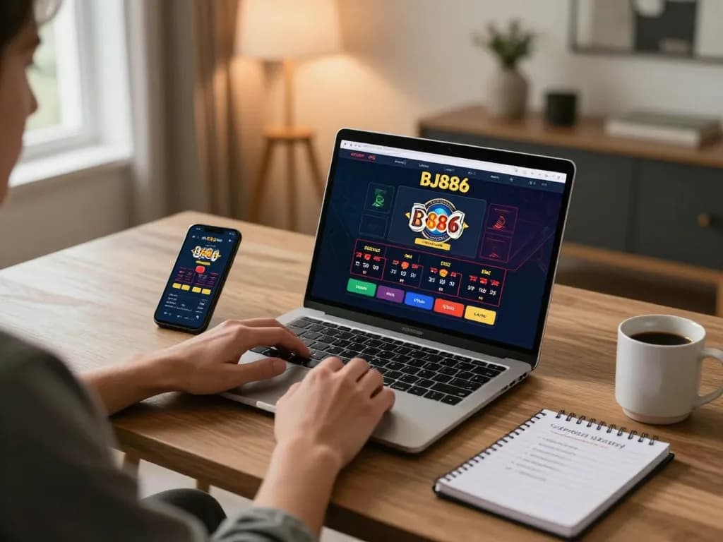 Engaging with bj886 online gaming platform on a stylish home desk, capturing the modern casino experience
