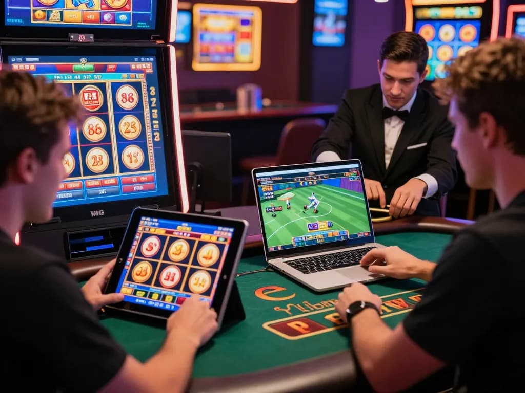 Diverse group of players enjoying W88's online casino games on various devices in an exciting and vibrant atmosphere.
