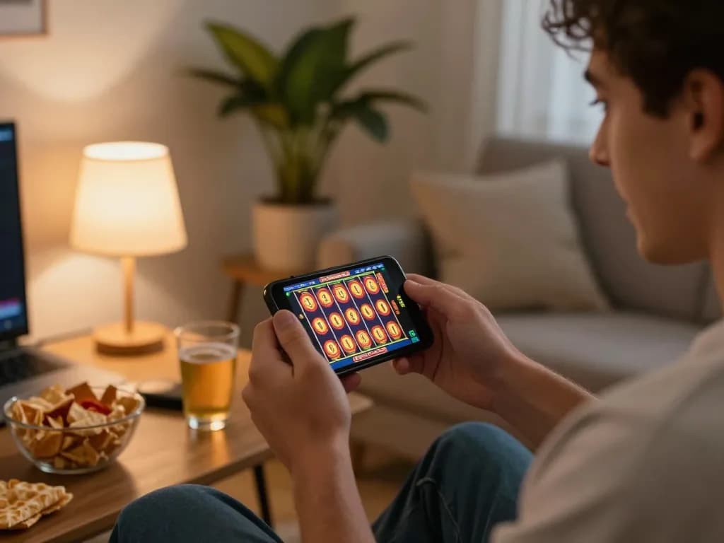 Players engaging in mobile slot 10 ribu gaming with winning excitement in a cozy home environment.