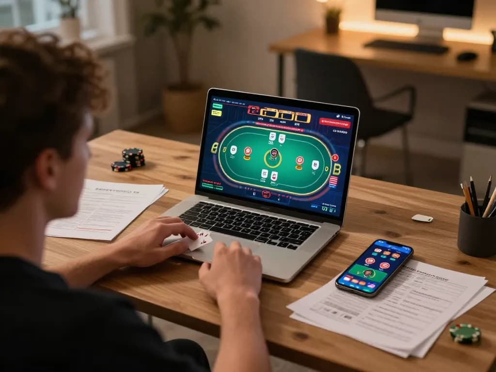 Player engaging in an online go8 poker game with vibrant lighting and strategic notes nearby