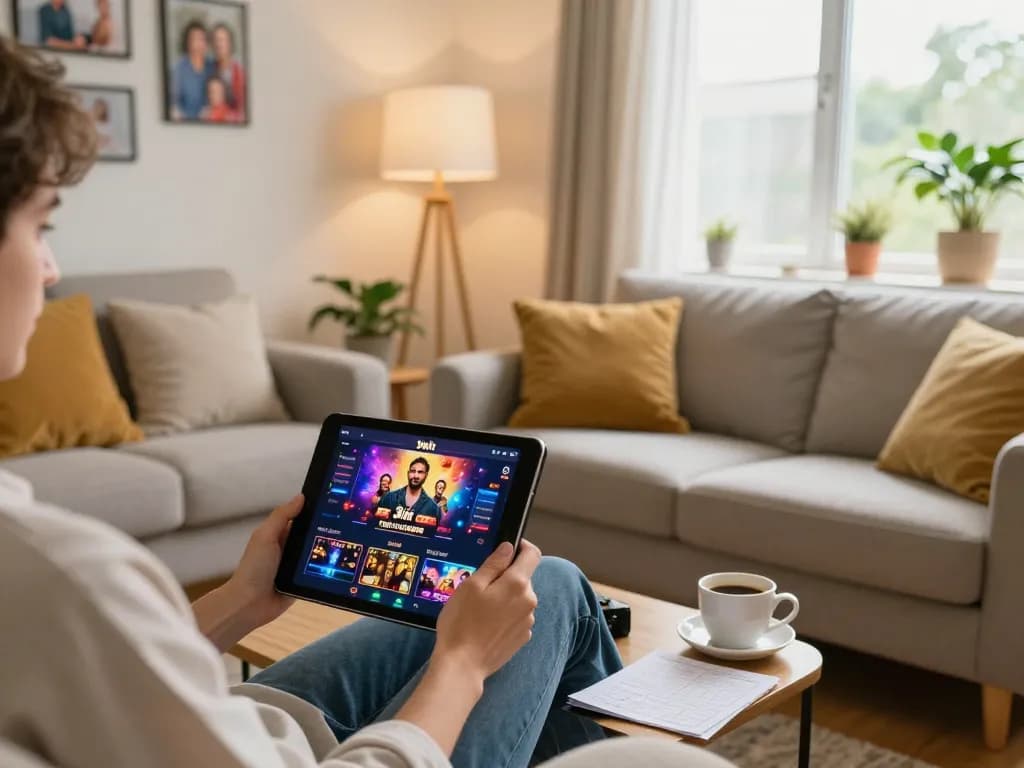 Engaged player enjoying 3win actor online gaming on a cozy sofa with tablet and strategy notes.