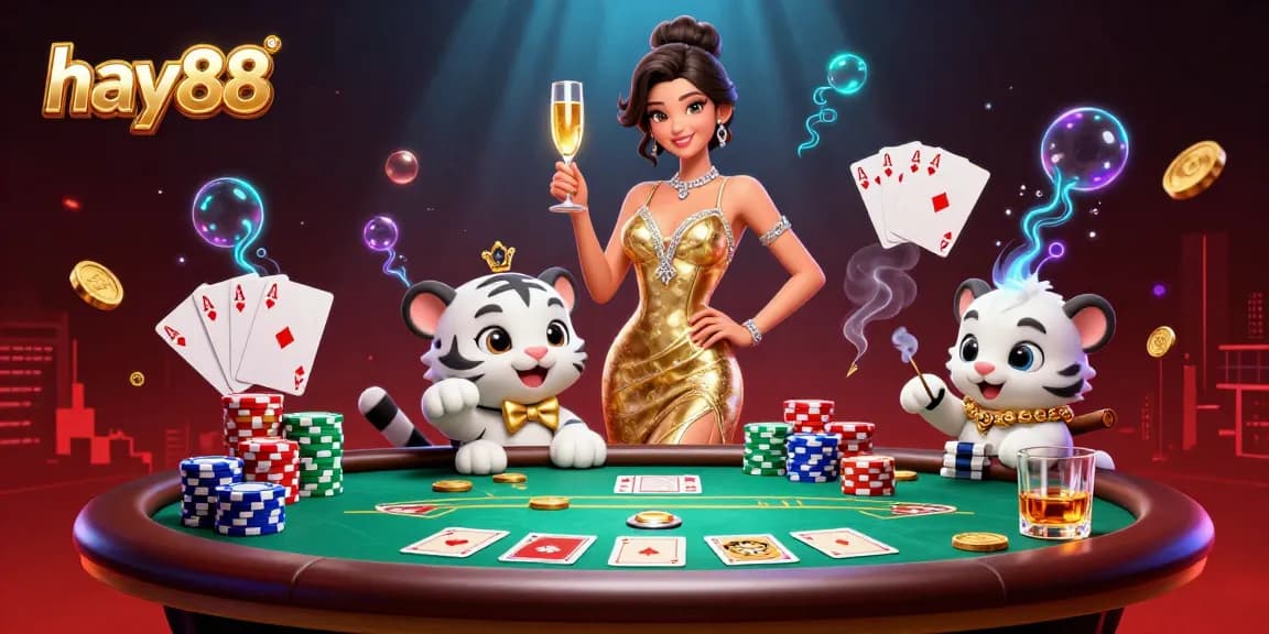 Experience the excitement of hay88 casino with a glamorous woman and lucky tiger at a poker table.