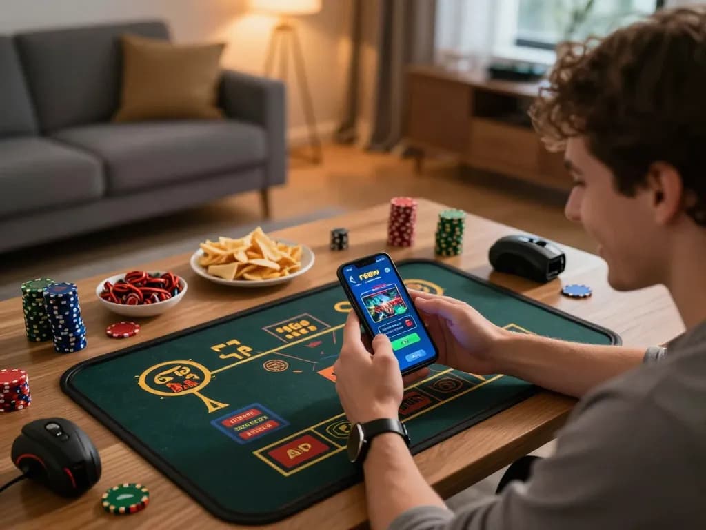 Engaging with F168VIP app on smartphone shows dynamic online gaming excitement in a cozy setup.
