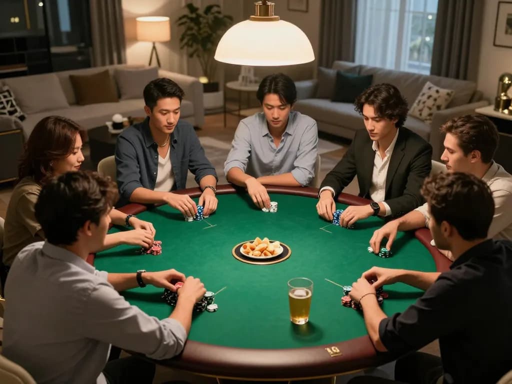 Go8 players strategizing at a home poker night, showcasing a vibrant table setup.