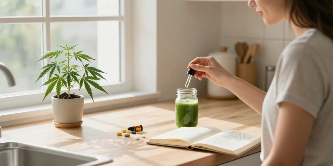 Properloud CBD oil tincture displayed during a morning wellness routine, with natural ingredients and a peaceful kitchen ambiance.