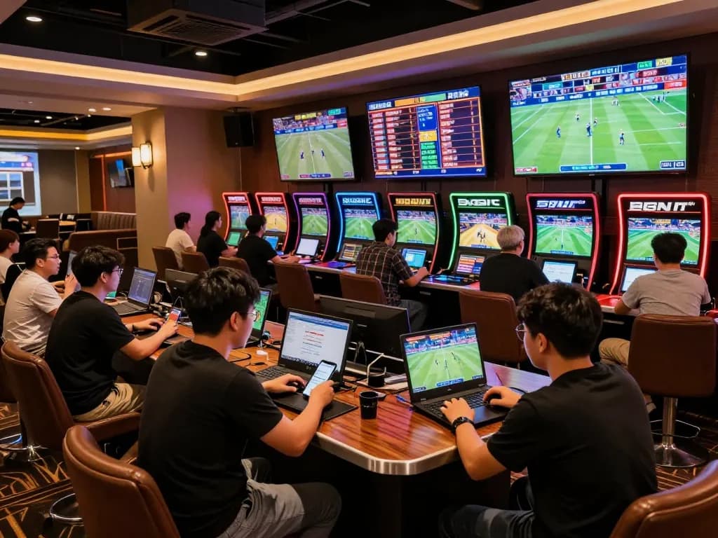 Betting enthusiasts use mobile apps at xx88 asia's vibrant sports betting area, engaging in dynamic wagering.