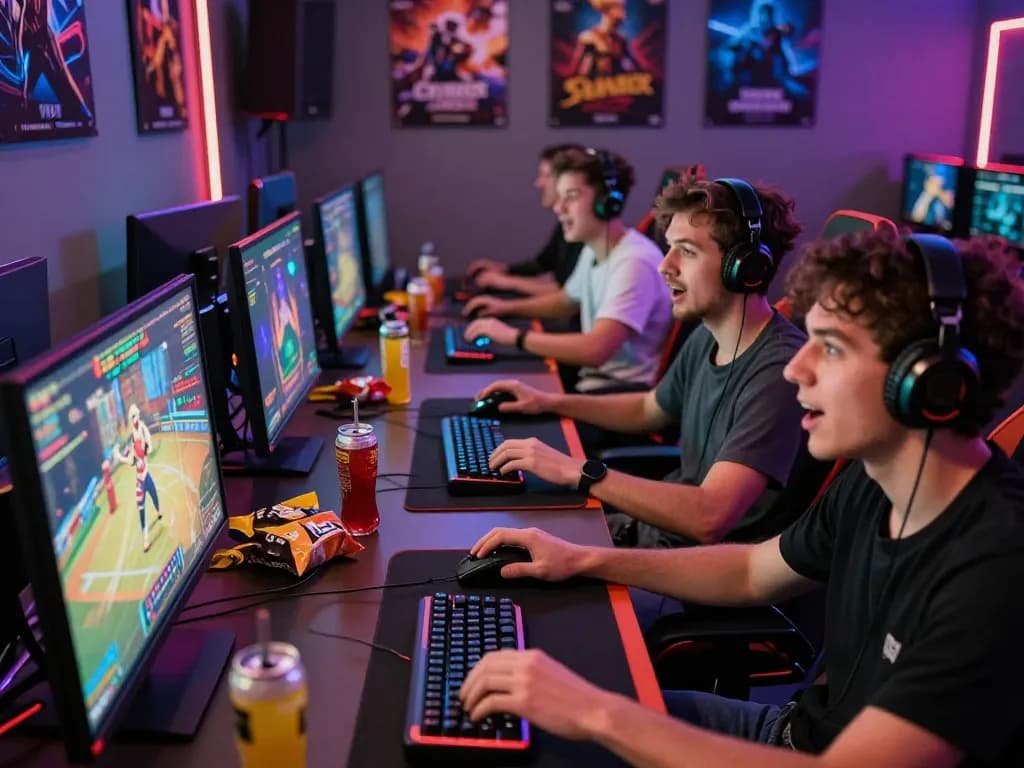 Friends excitedly enjoying the online casino experience at 8kbet, showcasing vibrant gaming setup.
