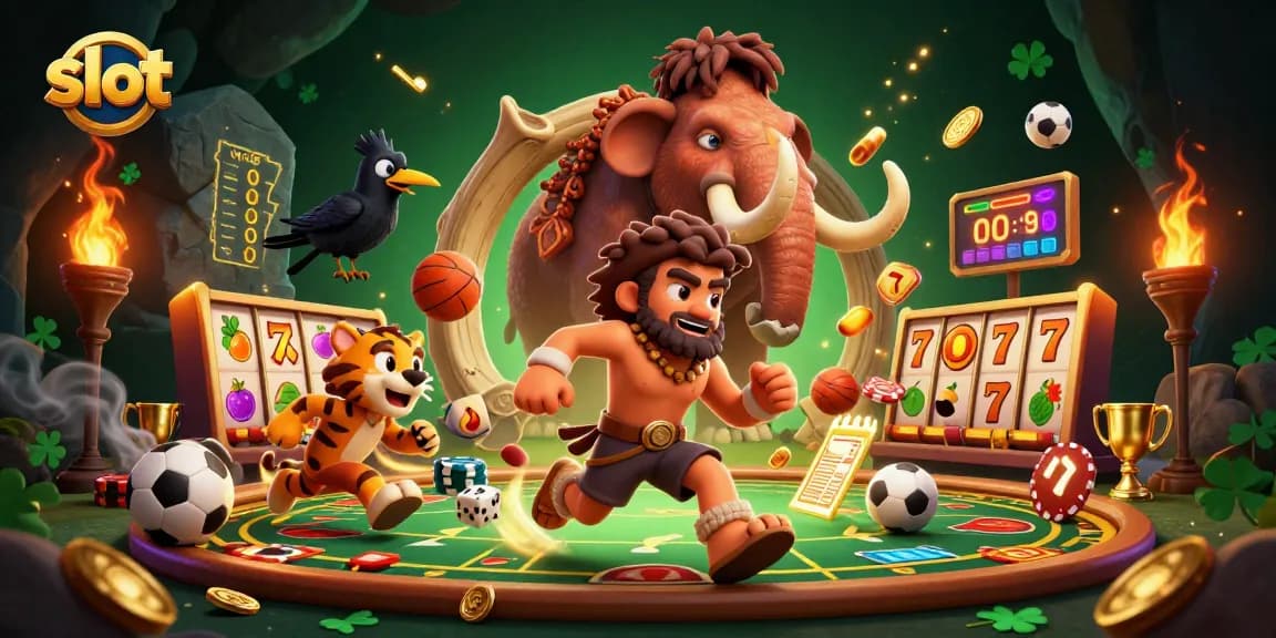 Experience thrilling slot gaming with a caveman and tiger duo in a dynamic casino scene.