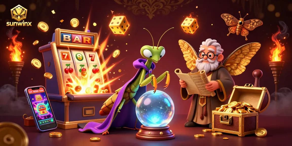 Engage with sunwinx as characters celebrate gaming; a vibrant casino fantasy with various symbols.