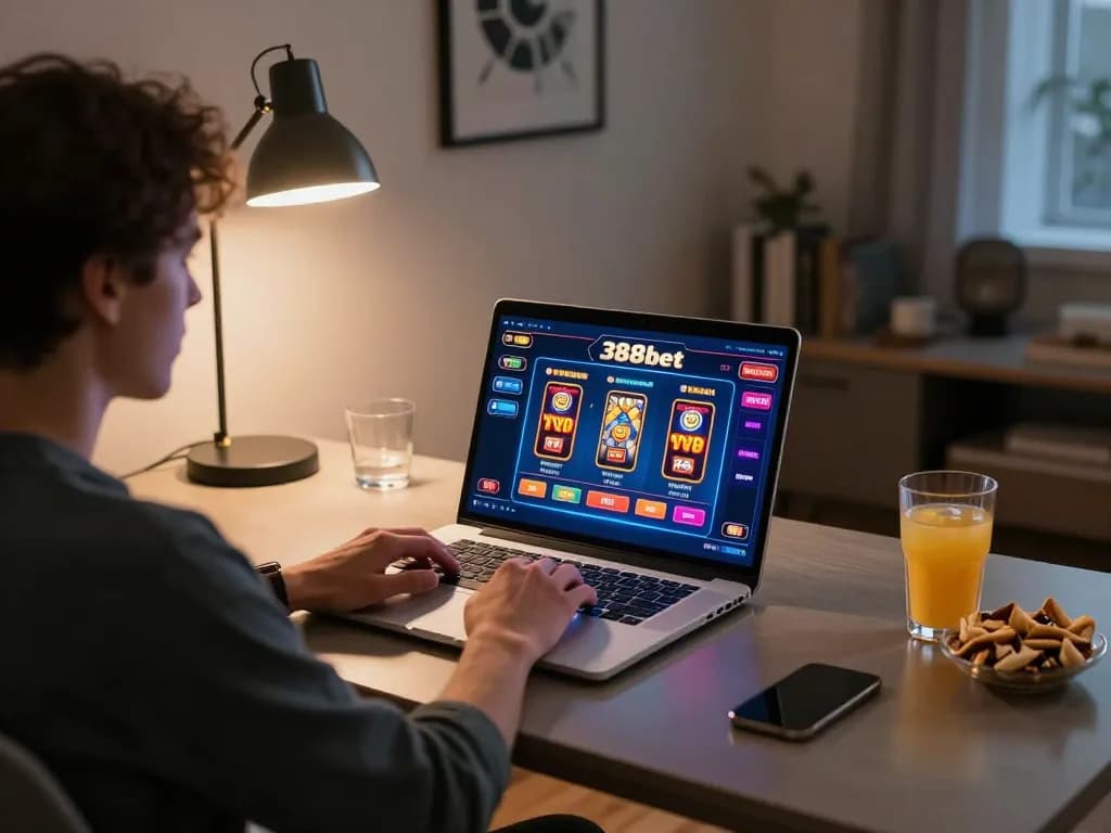 Engaging online gambling experience on 388bet with laptop showing casino gaming