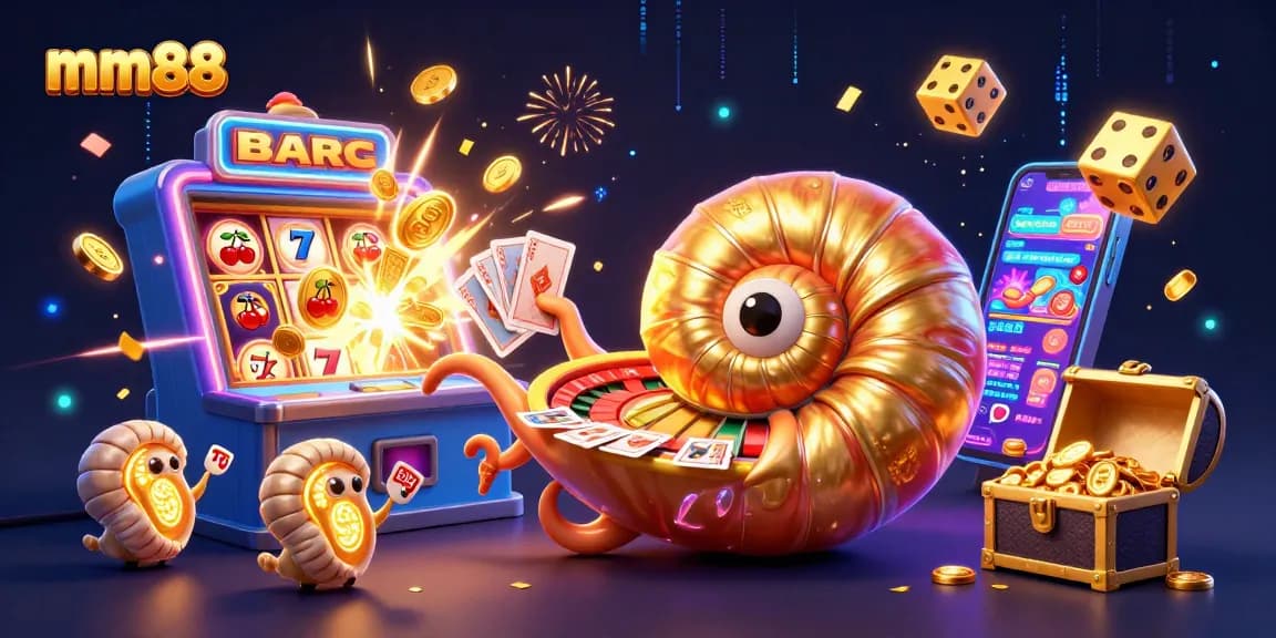 Players explore thrilling mm88 slots with a jackpot explosion, vibrant cards, and glowing elements.