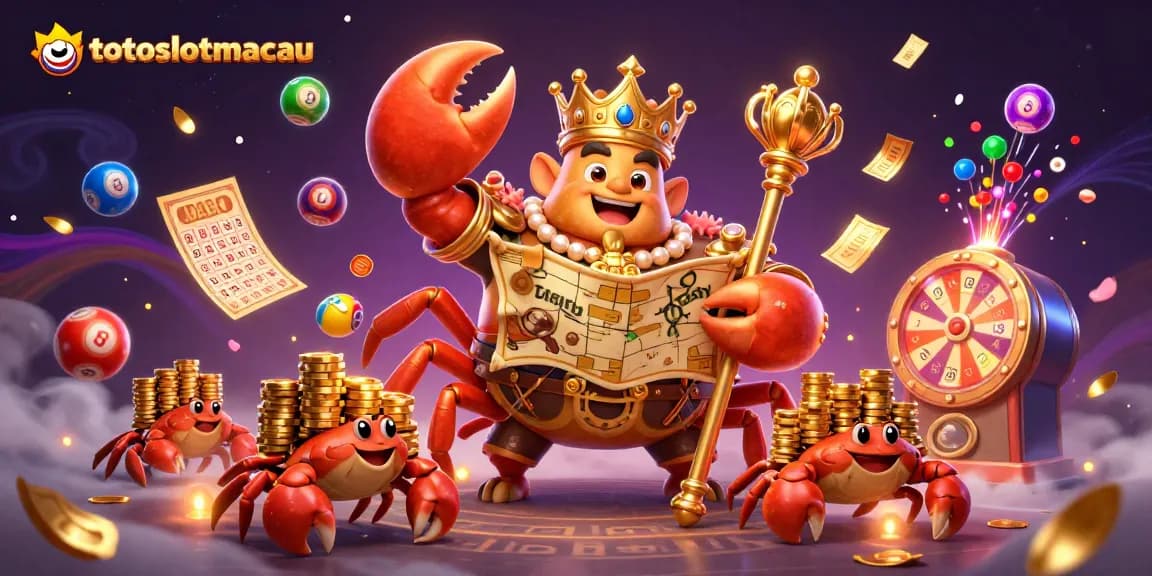 Win big with totoslotmacau in an action-packed casino scene featuring a golden crab emperor and lively elements.