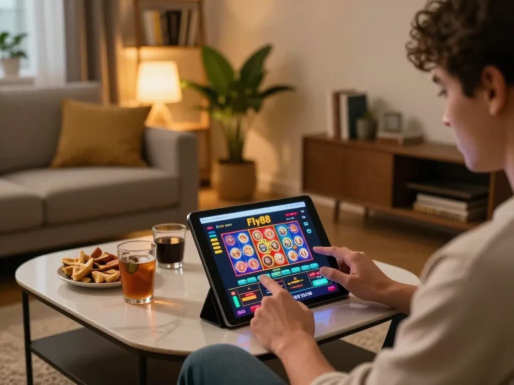 Player engaging in online gaming with Fly88 casino on tablet, cozy home atmosphere