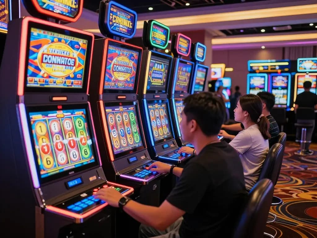 Players enjoying diverse slot machines at keonhacai casino, surrounded by vibrant lights.