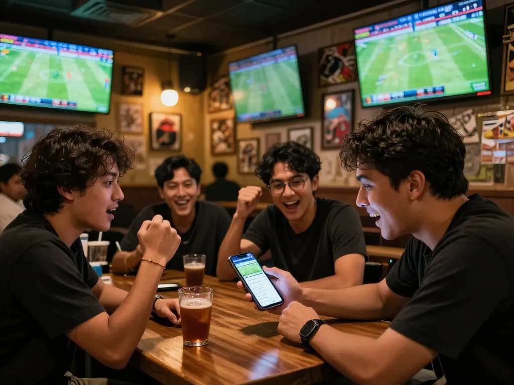Engaging in thrilling Bola Online betting at a lively sports bar while watching live matches.