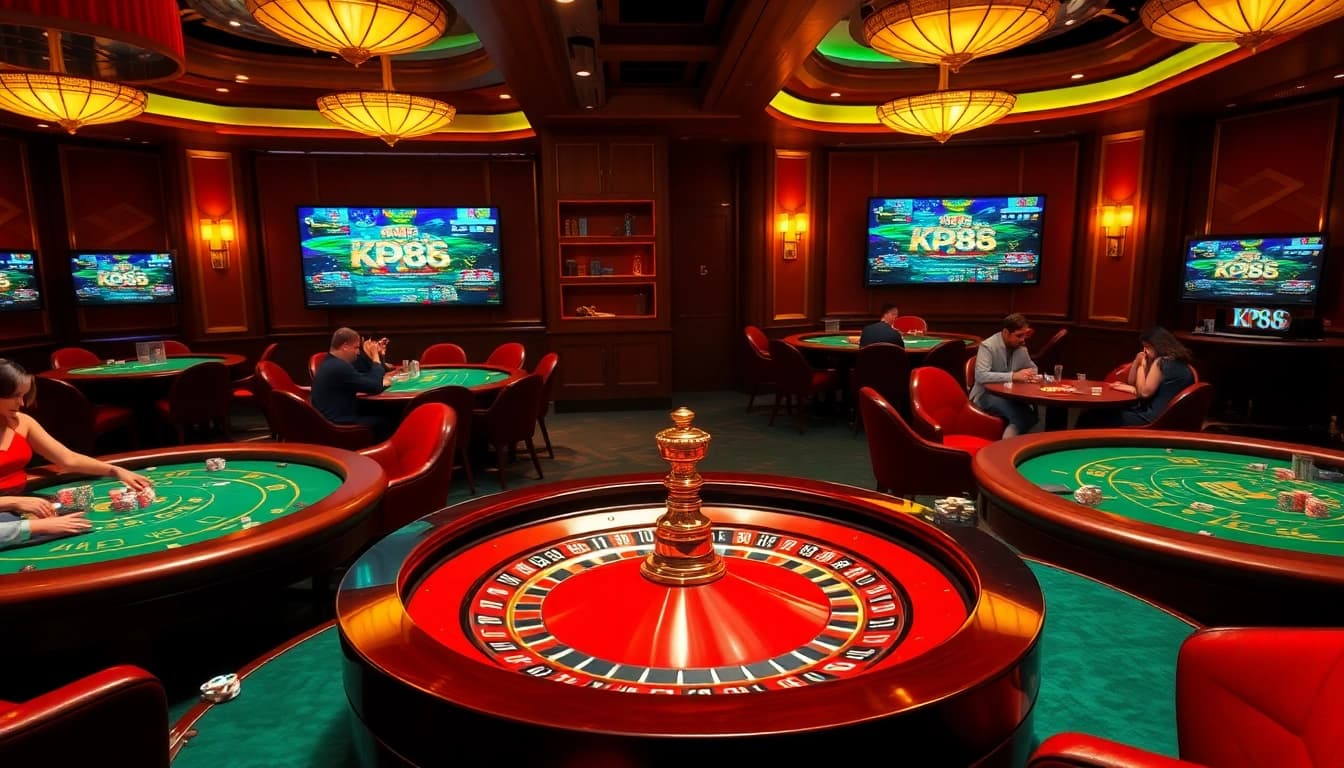 Experience the excitement of KP88 with a vibrant casino scene highlighting roulette and poker games.