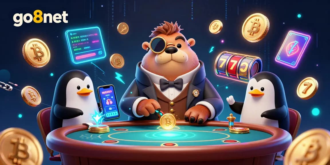 Experience the thrill of go8net with a jolly walrus playing poker underwater amidst vibrant crypto elements.