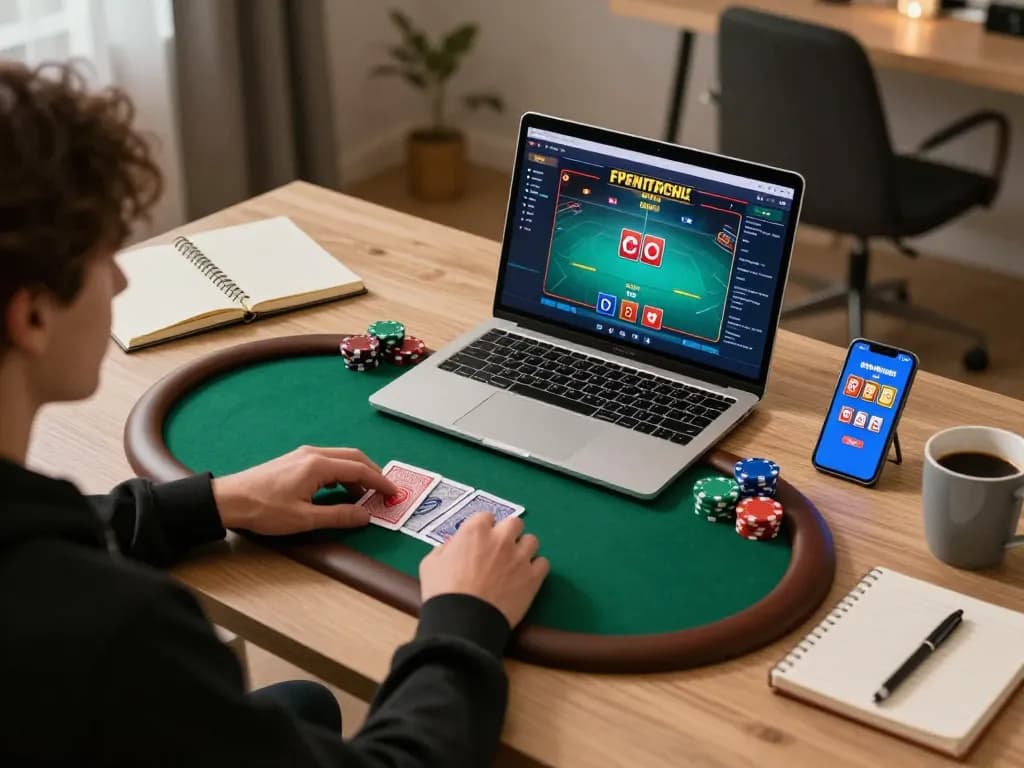 Engaging in a poker game on a laptop with the fly88 app, emphasizing strategic online gambling.