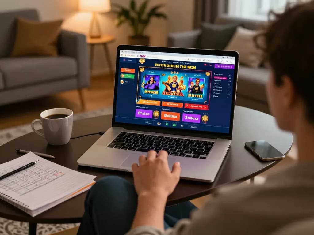 Enjoying a thrilling session at casino esteri online in a cozy home gaming setup with vibrant graphics on screen.