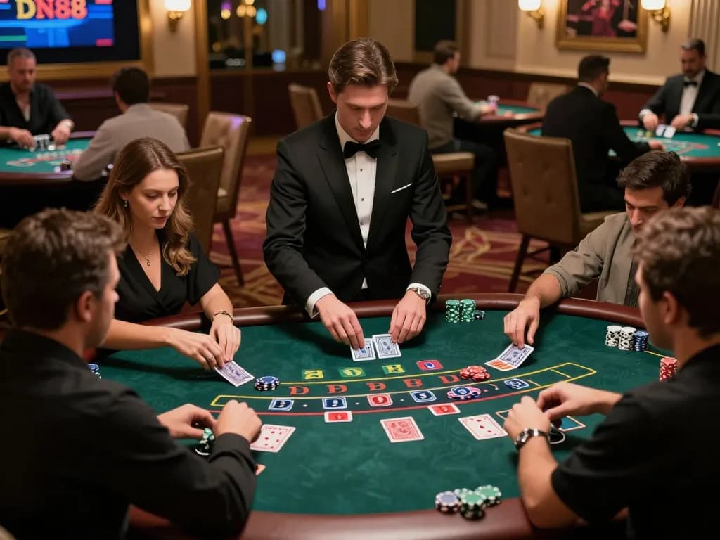 Engaging blackjack gameplay at DN88, showcasing players and dealers in an elegant casino setting