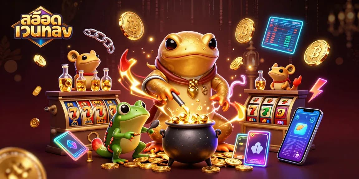 Experience the thrill with สล็อตเว็บตรง, featuring golden characters and vibrant slot game elements.