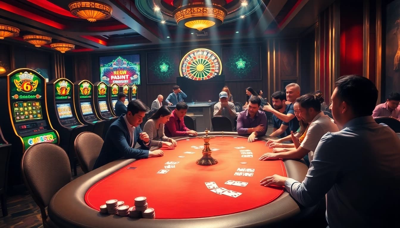 Players at a vibrant casino table strategically betting at New88bet.us, capturing the thrill of gambling.