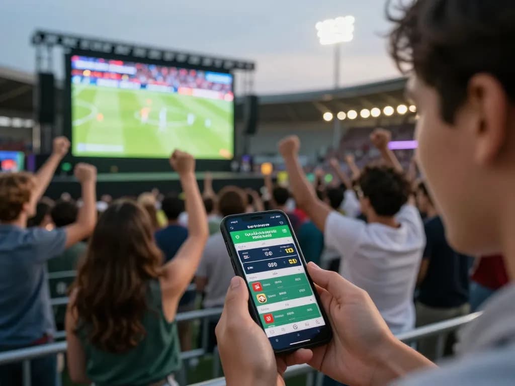 Engaging sports betting atmosphere showing tỷ lệ cá cược bóng đá hôm nay on smartphones during a live football match.