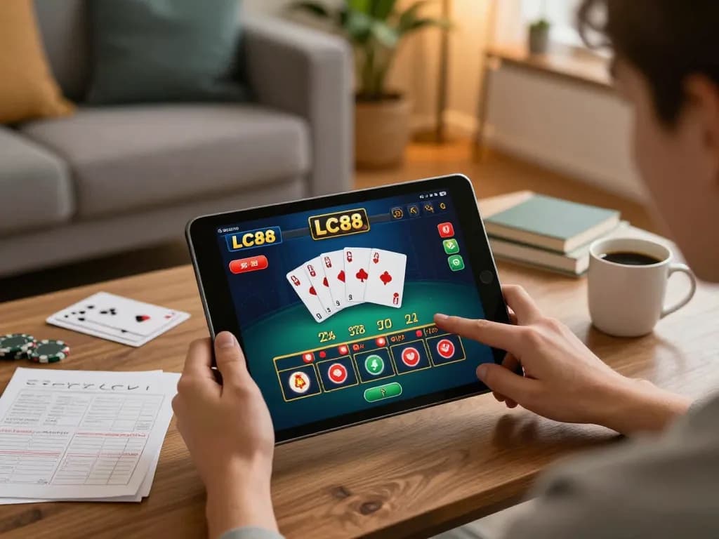 Engaged user accessing LC88 casino interface on a tablet, showcasing online gambling experience.