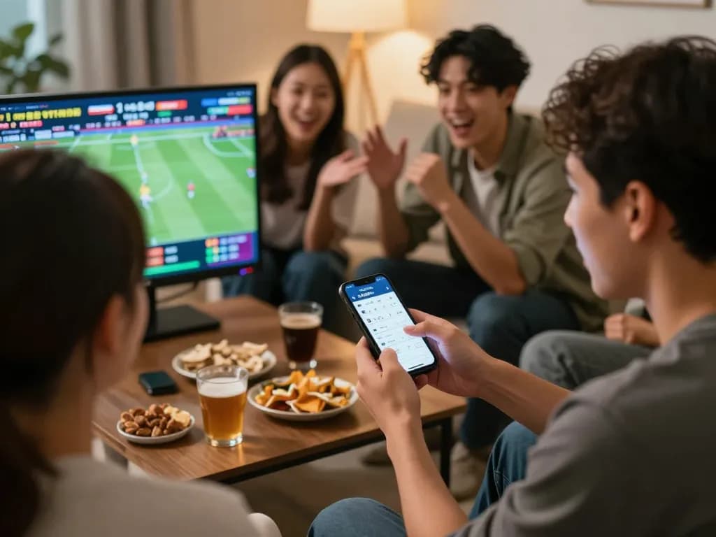 HB88 users enjoy sports betting excitement on multiple screens in a lively home gathering.